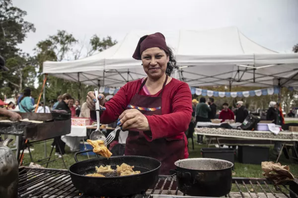 Señora cocina pastelitos en el parque a la bandera
