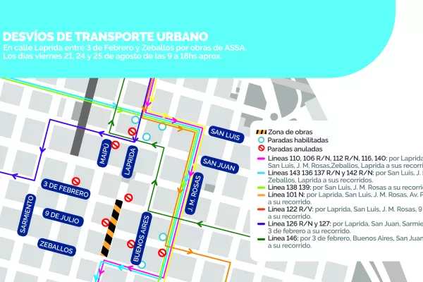 Anuncian desvíos momentáneos en el transporte urbano en calle Laprida al 1300 y 1400 por trabajos de ASSA