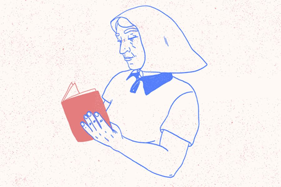 ilustración de una abuela de plaza de mayo con un libro en la mano
