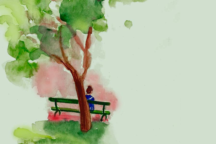 ilustración de acuarela de una persona sentada en un banco debajo de un árbol