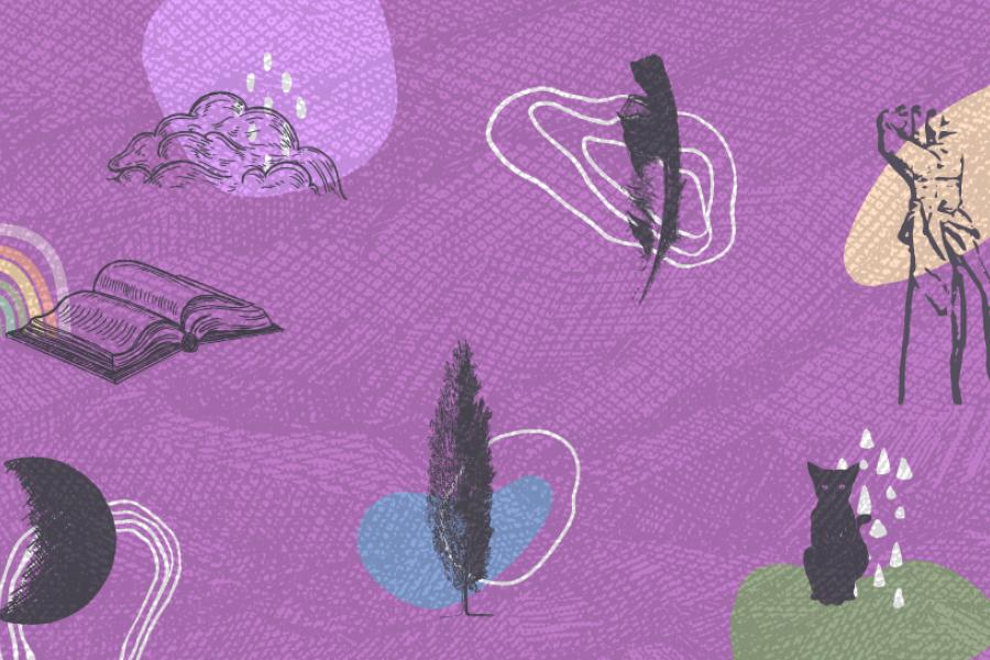 collage de dibujos lineales sobre fondo violeta: un lápiz, un libro, un ciprés, un gato, un puño en alto con pañuelo