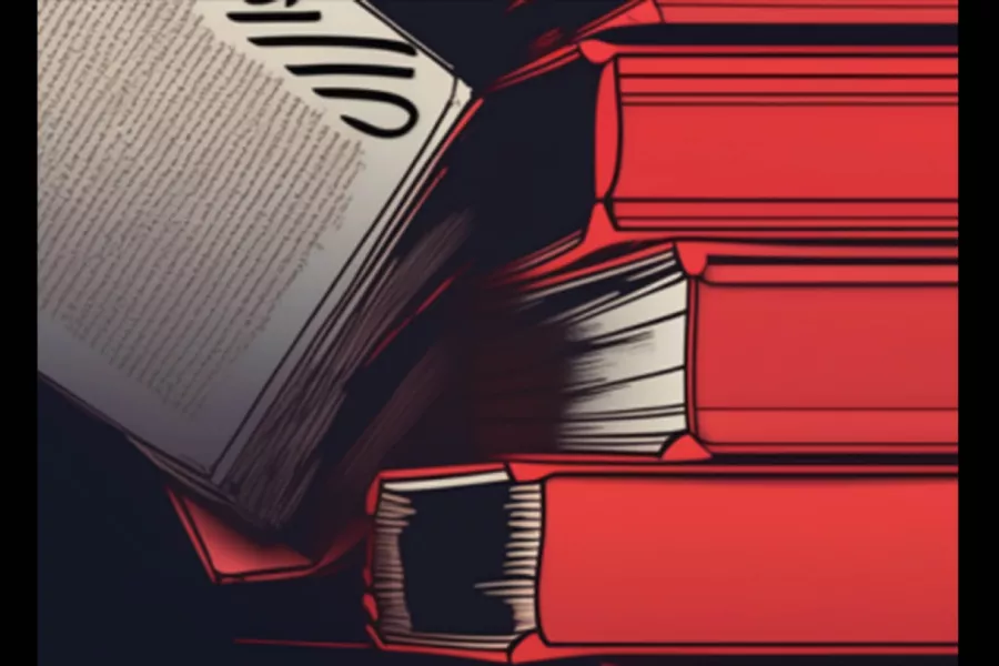 Se observan libros apilados de tapa roja a la derecha y una hoja escrita a la izquierda.
