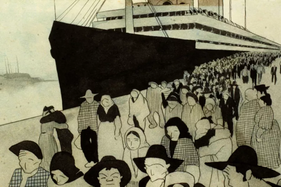 Ilustración de inmigrantes bajando de un barco