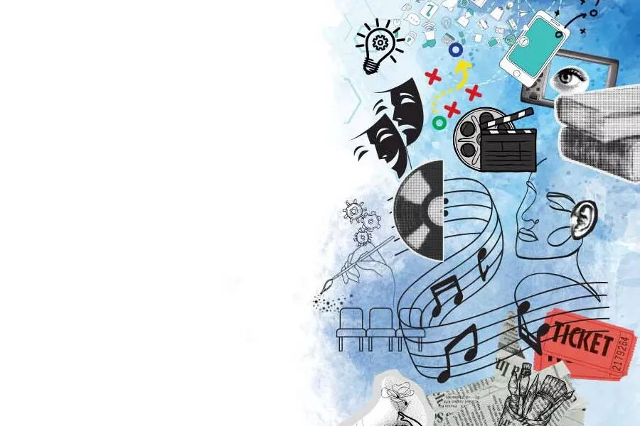 Imagen de una ilustración de fondo azul que contiene diferentes figuras: notas musicales, una lampara, un vinilo, etc. 