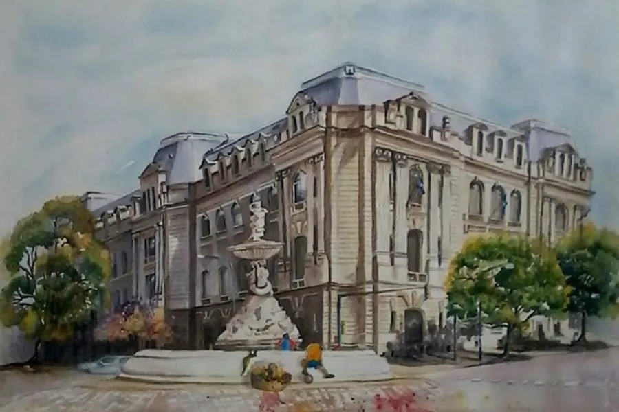 Paisaje en Acuarela de la fuente de las Utopías y la antigua Aduana del Puerto de Rosario