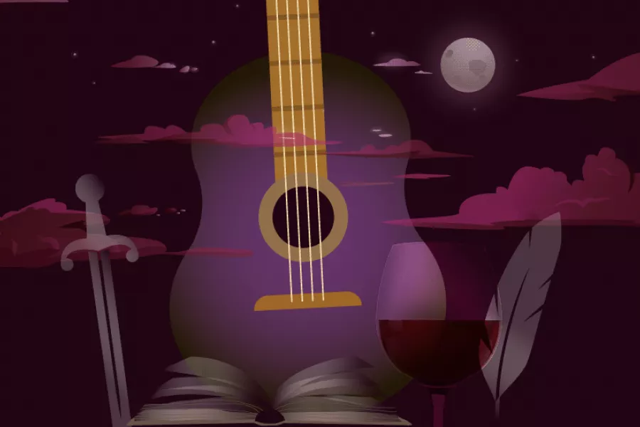 Ilustración digital conformada por una guitarra fundida en un paisaje nocturno, con una copa de vino, una espada, una pluma yun libro
