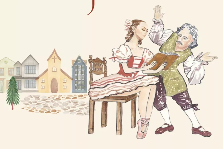 ilustración de una joven bailarina leyendo y un adulto mayor a su lado