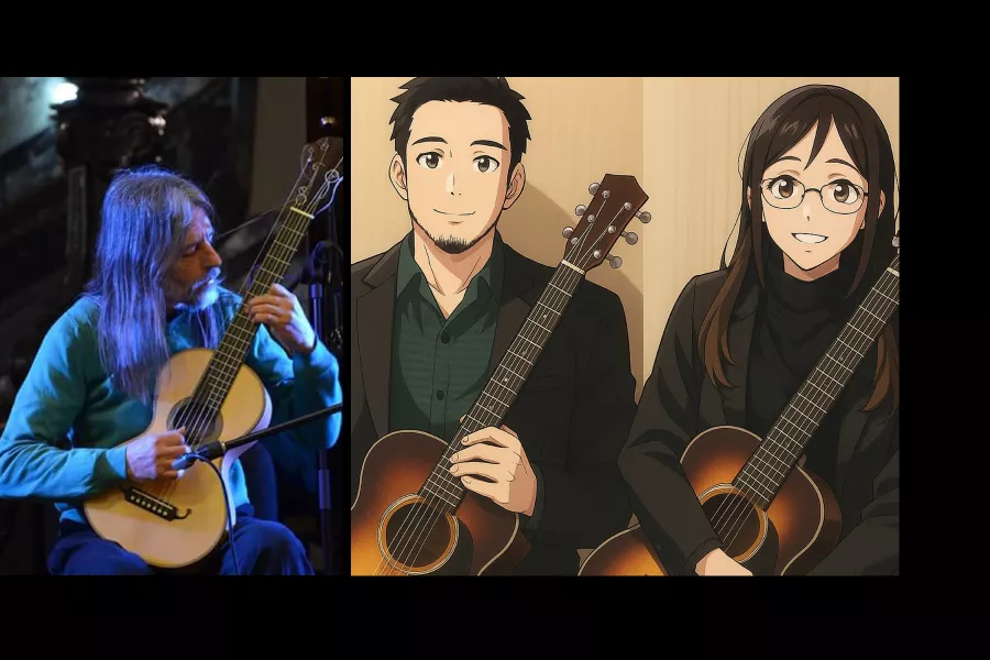 Foto de Víctor Rodríguez e imagen animada de Più Animé.