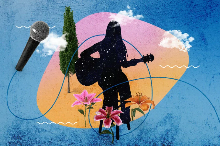 Es la ilustración de una cantante con flores, un árbol, nubes y un micrófono 