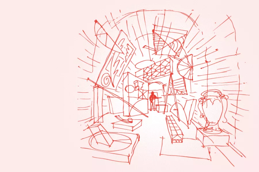 Ilustración a mano alzada de un túnel con obras exhibidas 