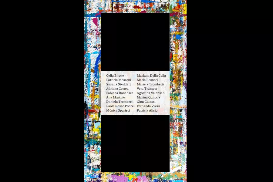 Serie de colores, como pintados, en un fondo negro. Con nombres y apellidos escritos en el centro. 