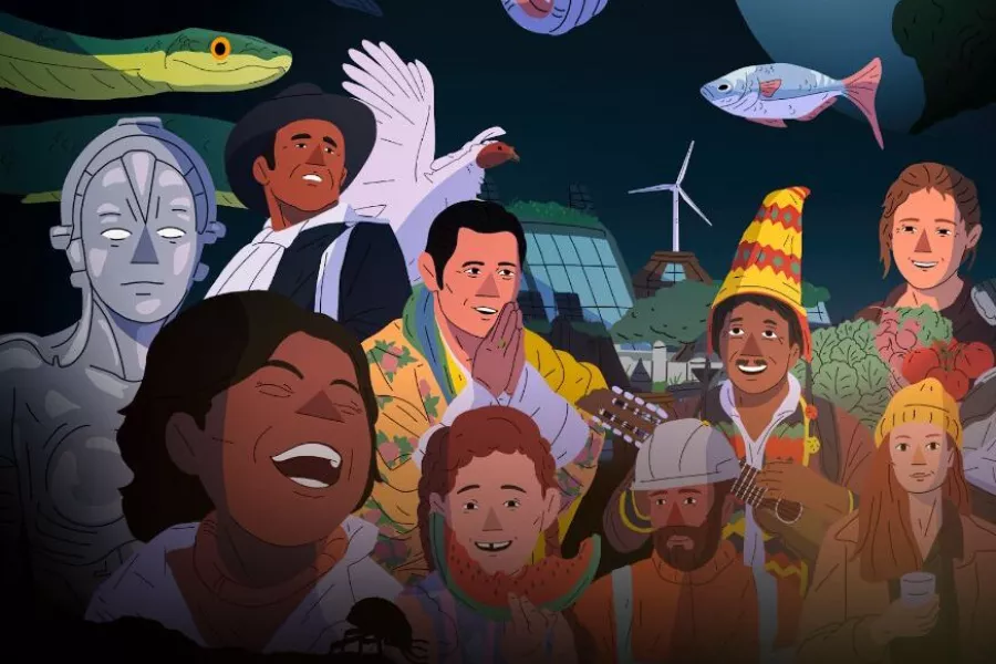 Es la imagen de una ilustración en donde se muestran diferentes personas y animales