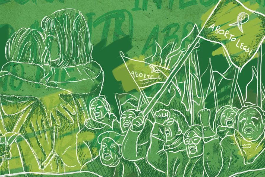 Ilustración de mujeres abrazadas y personas manifestandose