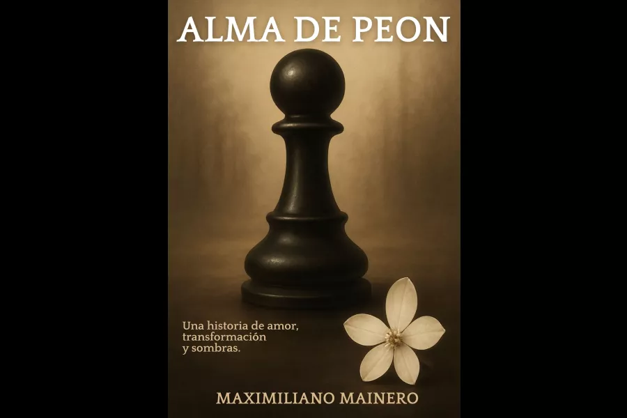 En la tapa del libro se lee "Alma de peón" y Maximiliano Mainero. En el centro se encuentra un peón de color negro, la pieza del ajedrez.