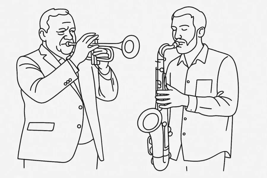 Es la imagen de dos músicos dibujados con los instrumentos que tocan