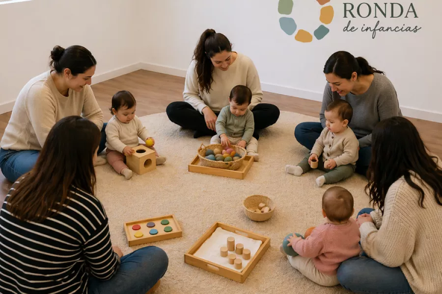 Es la imagen de diferentes mamás y bebés que están interactuando en una ronda