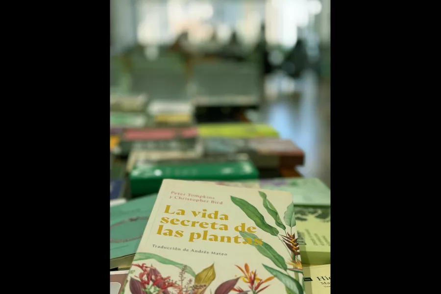 Foto de un libro en primer plano titulado "La vida secreta de las plantas". En la Sala Angélica Gorodischer.