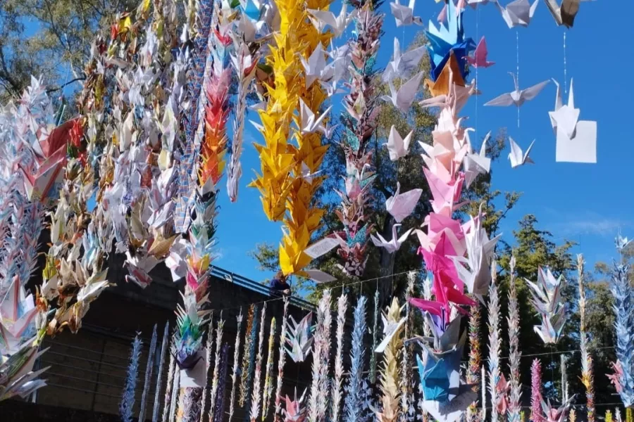 Miles de grullas dispuestas en guirnaldas decoran un espacio público al aire libre.