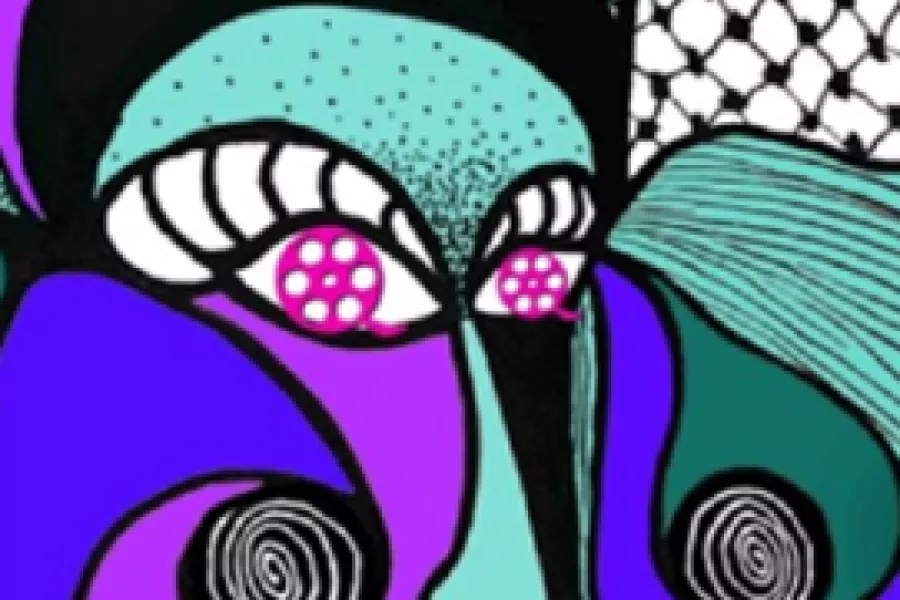 Es la imagen de una ilustración de un poster. Se asimila a la figura de una persona con cuadrados de colores violenta, celeste, negro, y lila