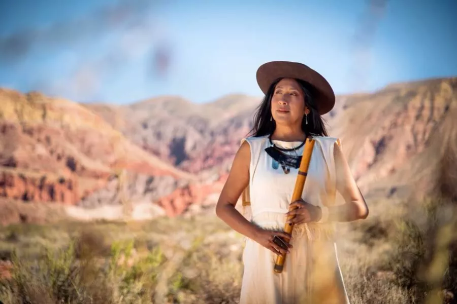 Es la imagen de una cantante posando para una fotografía. La misma está hecha al aire libre y en medio de las montañas