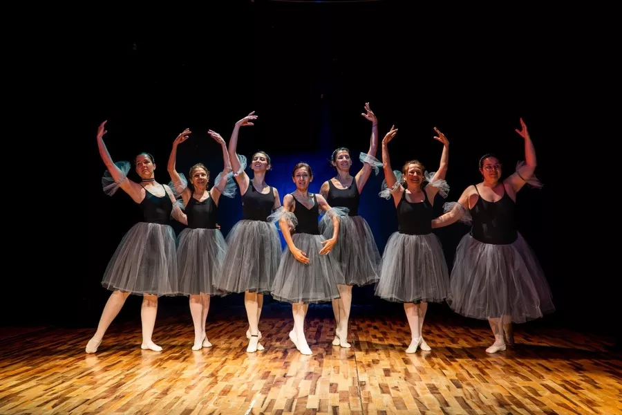 Es la imagen de un grupo de bailarinas realizando una coreo de danza