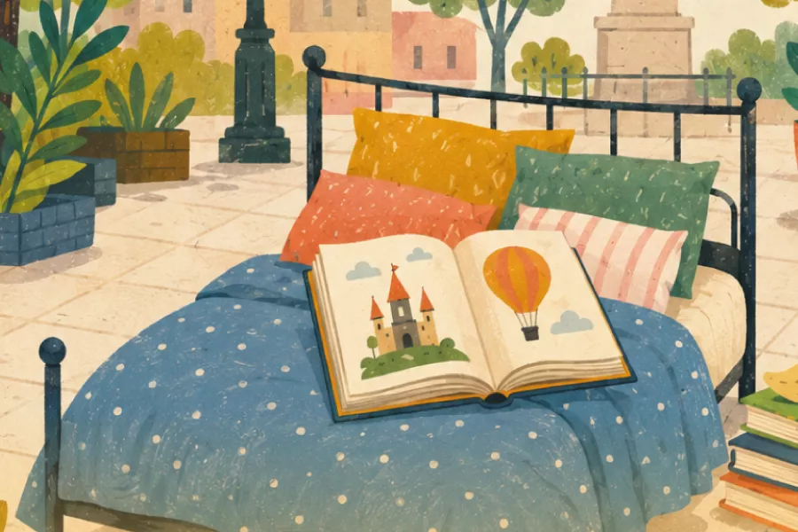 El dibujo de una cama y un libro abierto sobre ella.