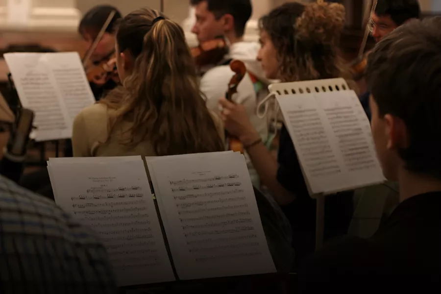 Imagen de músicas y músicos, de espaldas, con sus instrumentos.