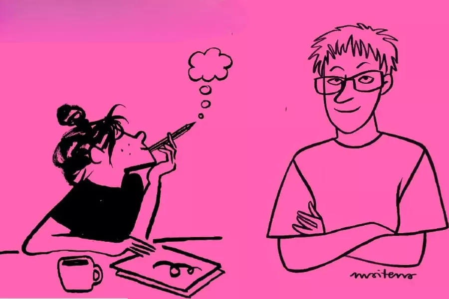 Es la imagen de una ilustración en un fondo rosa. Hay dos personas posando para una fotografía: una está de costado fumando un cigarillo