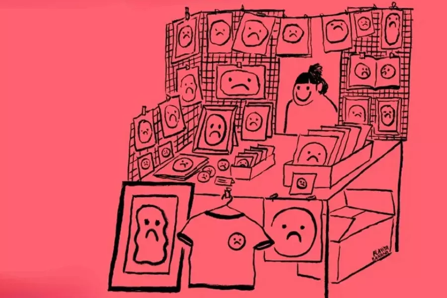 Es la imagen de una ilustración en un fondo color rosa, en donde hay dibujada un puesto de venta de accesorios