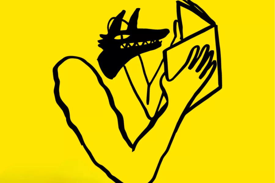 Es la imagen del flyer del festival de arte impreso, en un fondo amarillo hay un dibujo de un lobo leyendo un libro