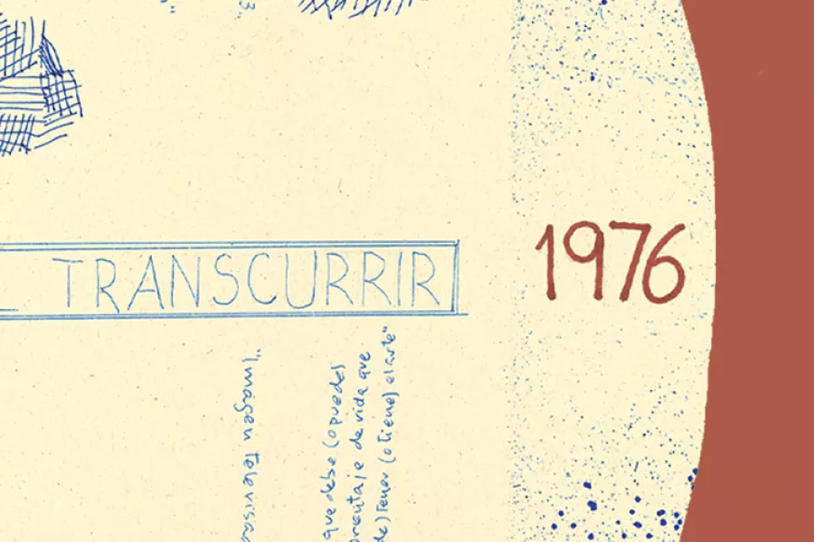 Es la imagen que simula una postal de correo, con un fondo color cremita y un semicirculo de color rojo, del lado derecho. Tiene un título que dice El Transcurrir y al lado 1976