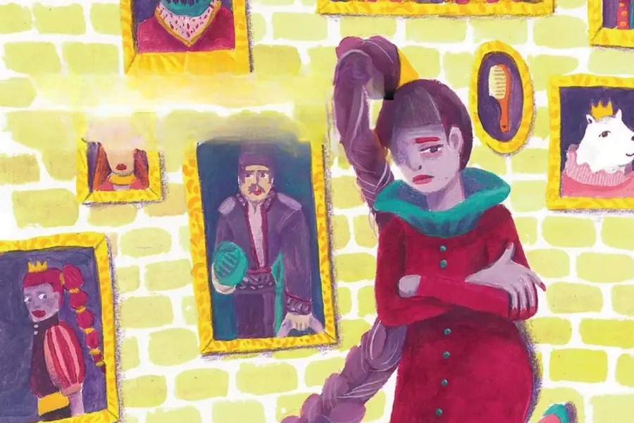 Es la imagen de una ilustración de una mujer con cuadros en un fondo amarillo