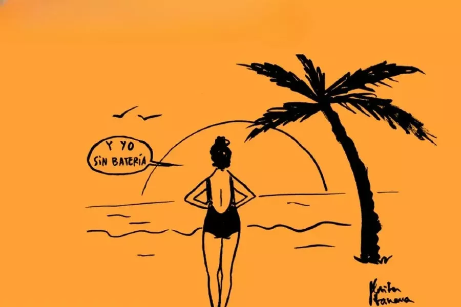 Es la imagen de una ilustración de una mujer en la playa, en un fondo naranja