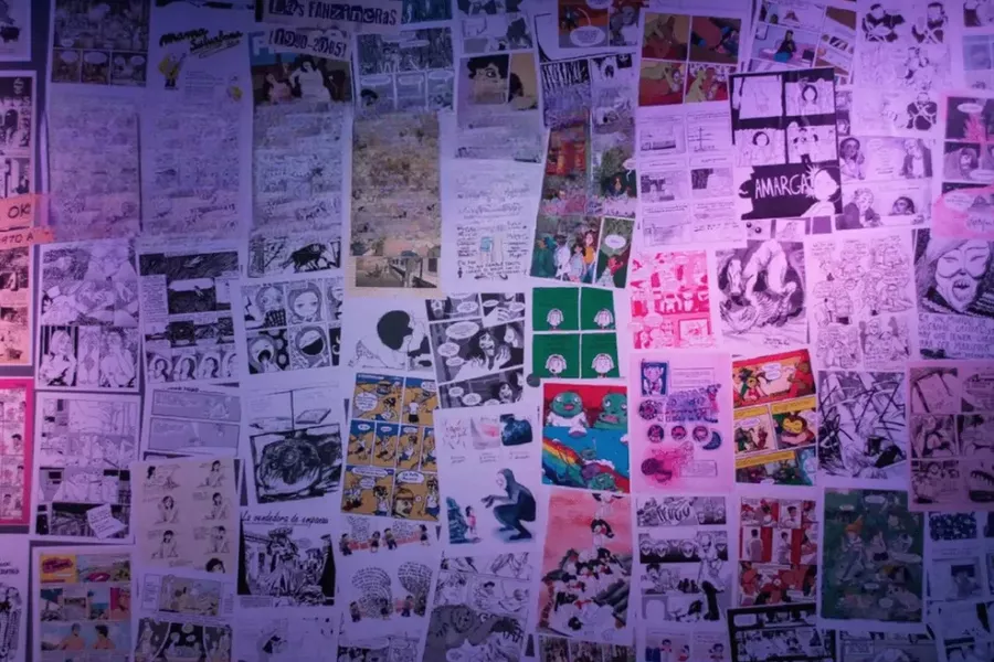 Es la imagen de una pared llenas de recortes de ilustraciones de revistas