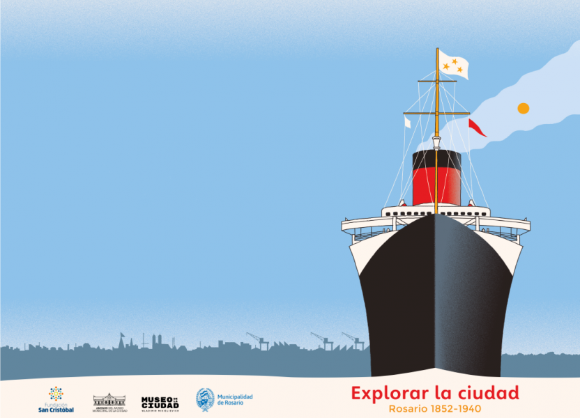 Imagen de la tapa del libro "Explorar la ciudad. Rosario 1852 - 1940" donde aparece un barco ilustrado en un río